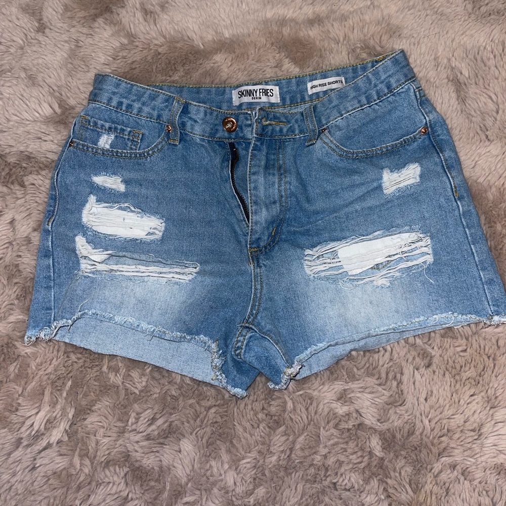 Blue Distressed Jean Shorts with Cut-Off Hem